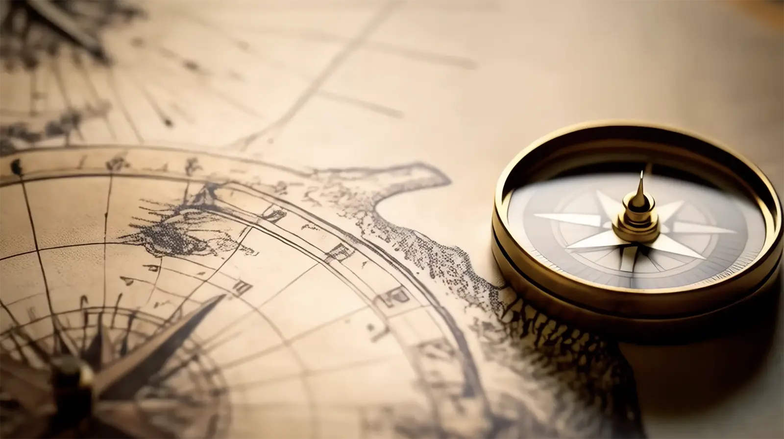 広げられた地図の上に方位磁石が置かれたビジュアル。新素材と析出硬化技術による新たな指針を象徴しています。